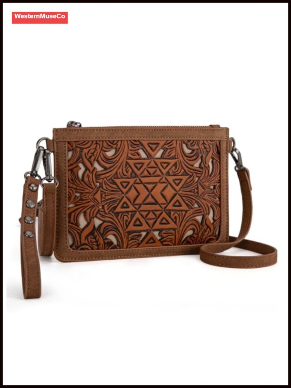 Western Floral Embossed Wristlet Crossbody Handbag Clutch for Women